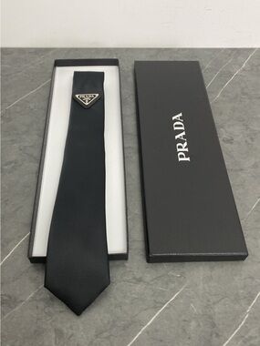 Prada Linea Rossa Black Silk Tie with Triangle Emblem